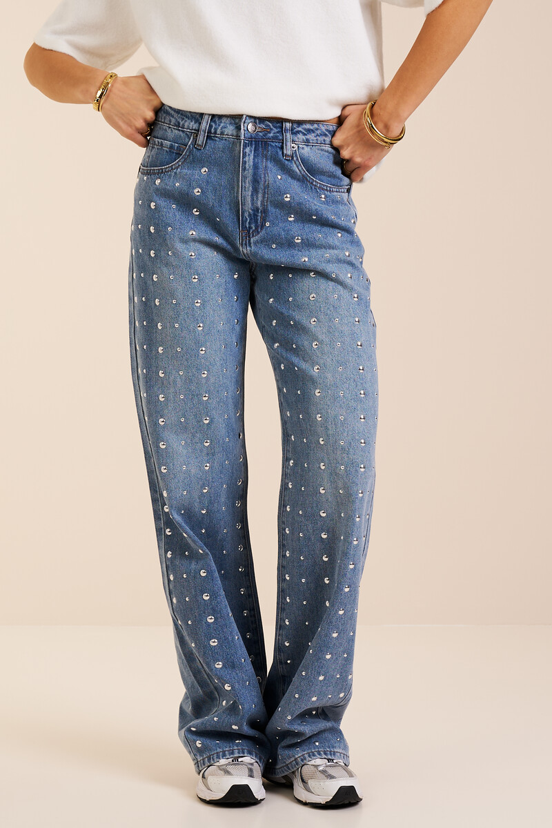 Blue wide leg jeans with silver studs | My Jewellery