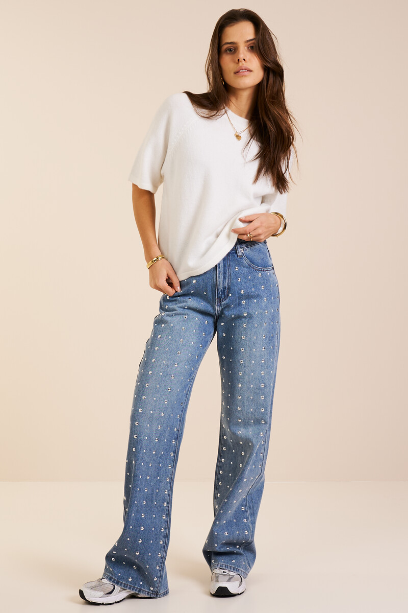 Blue wide leg jeans with silver studs | My Jewellery