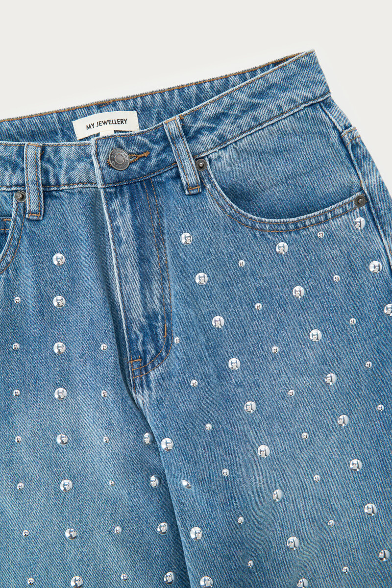 Blue wide leg jeans with silver studs | My Jewellery