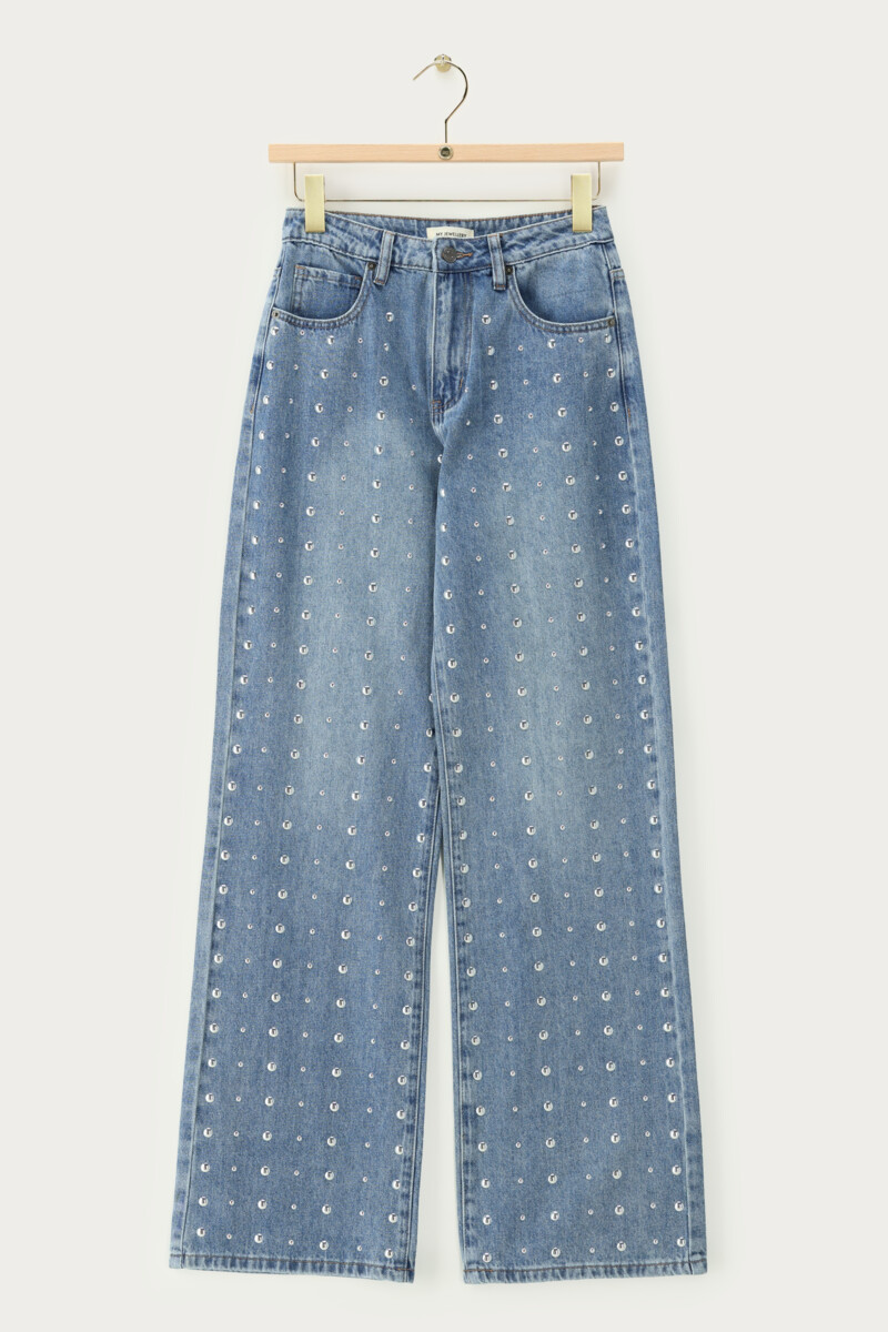 Blue wide leg jeans with silver studs | My Jewellery
