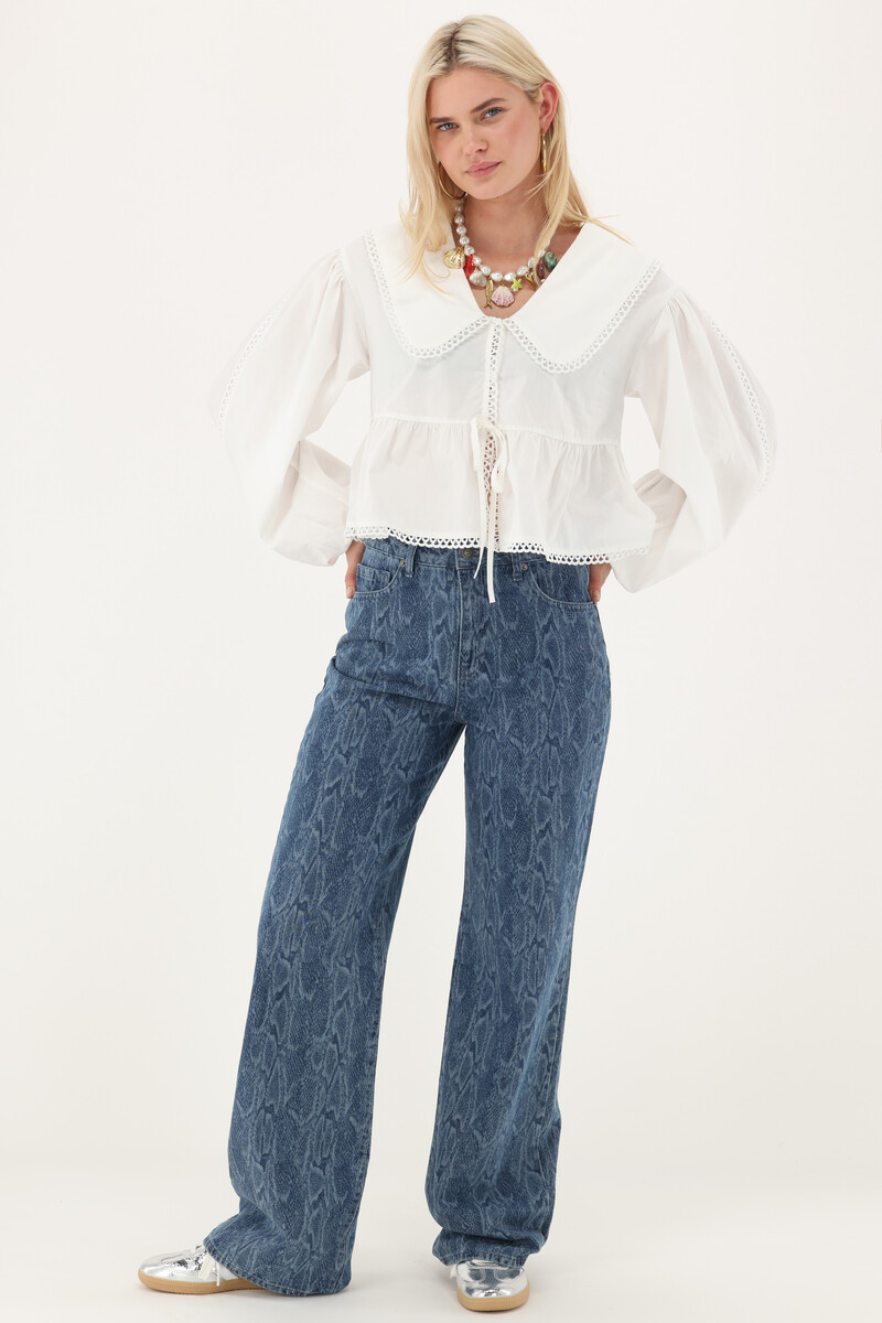 Blue wide leg jeans with snake print | My Jewellery