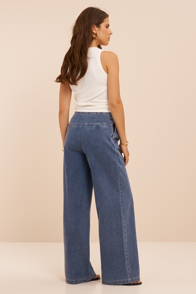 Blue wide leg jeans with wrap and bow detail | My Jewellery