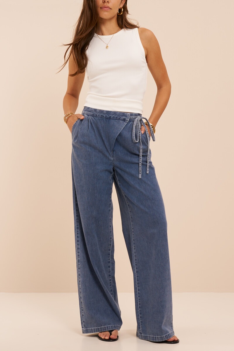 Blue wide leg jeans with wrap and bow detail | My Jewellery