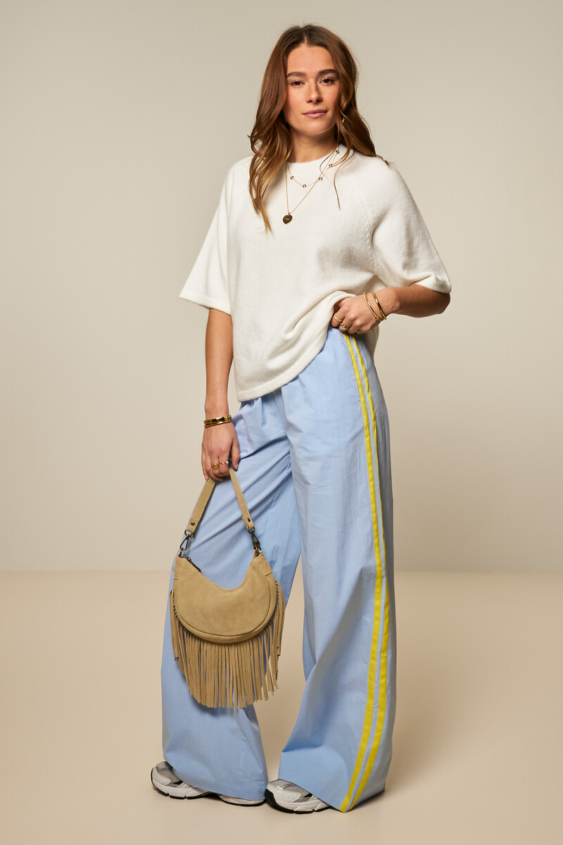 Blue wide leg trousers with contrast stripe | My Jewellery