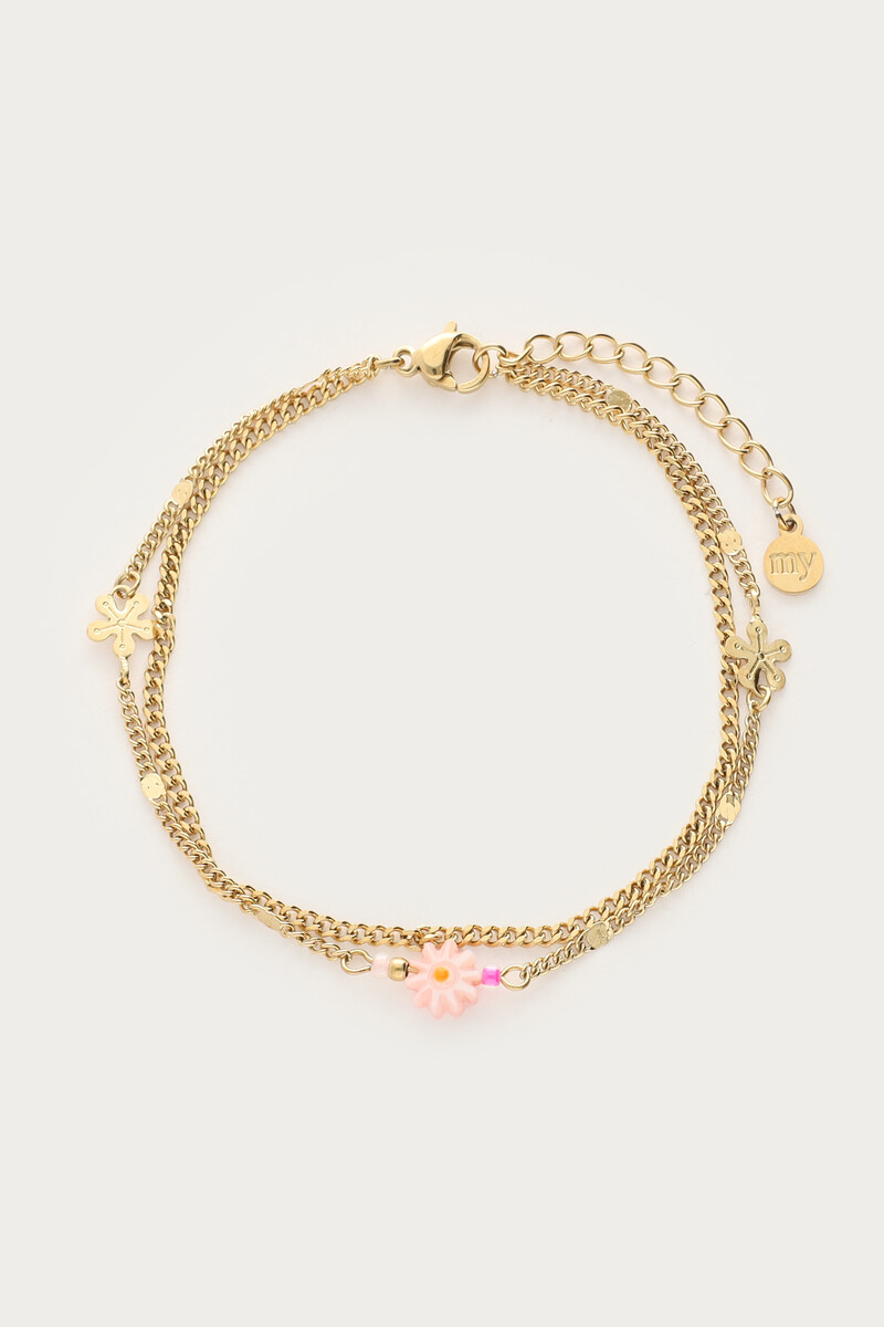 Botanical double bracelet with small pink flower