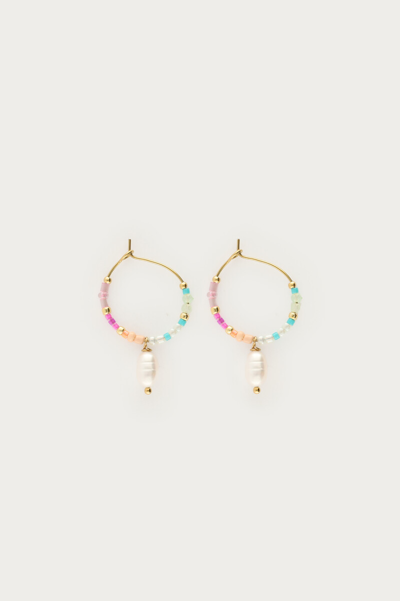 Botanical hoop earrings with multicoloured beads and freshwater pearls