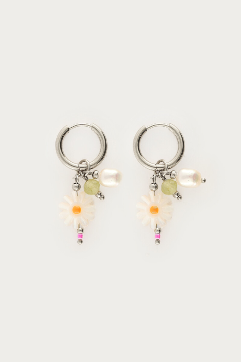 Botanical hoop earrings with white flowers and freshwater pears | My Jewellery