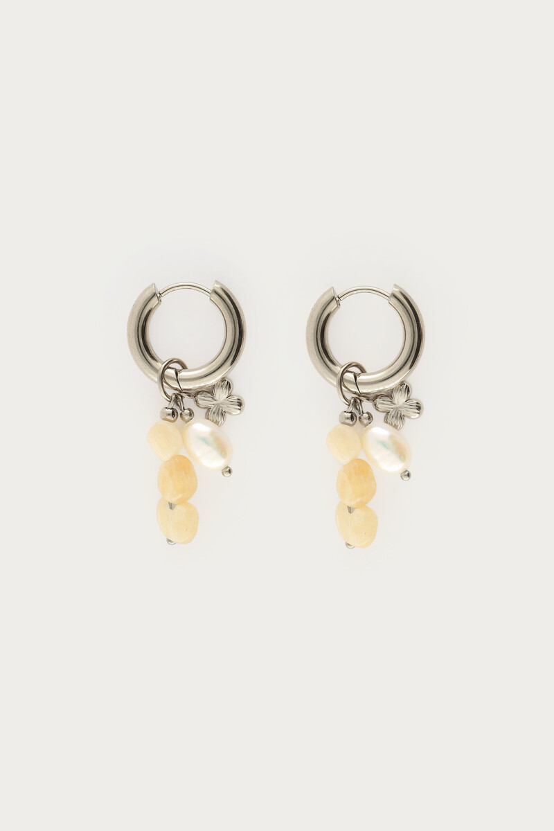 Botanical hoop earrings with yellow beads and freshwater pearls