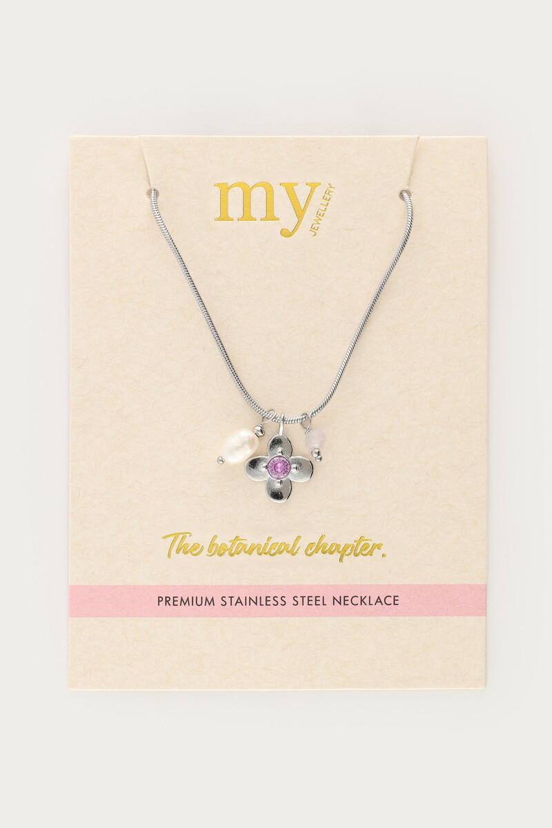 Botanical necklace with flower and pink rhinestone