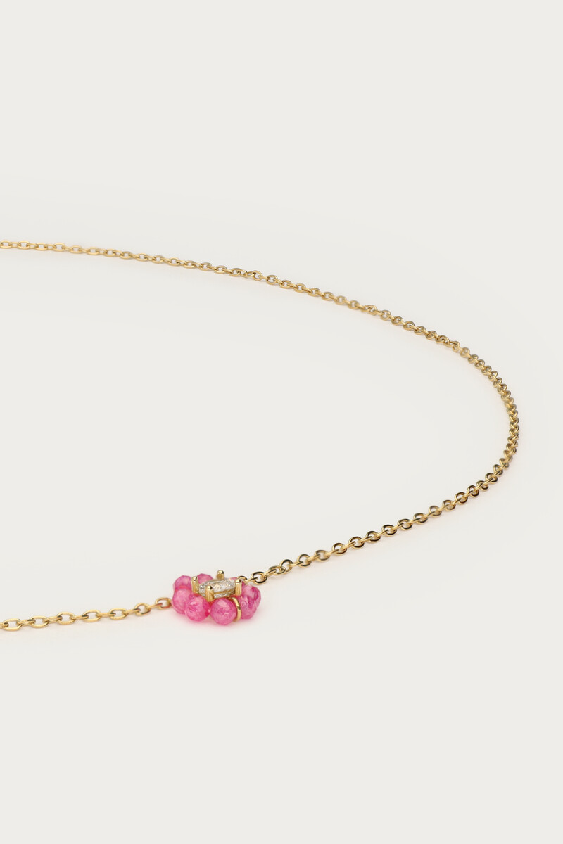Botanical necklace with small pink rhinestone flower