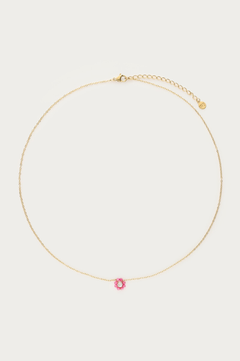 Botanical necklace with small pink rhinestone flower