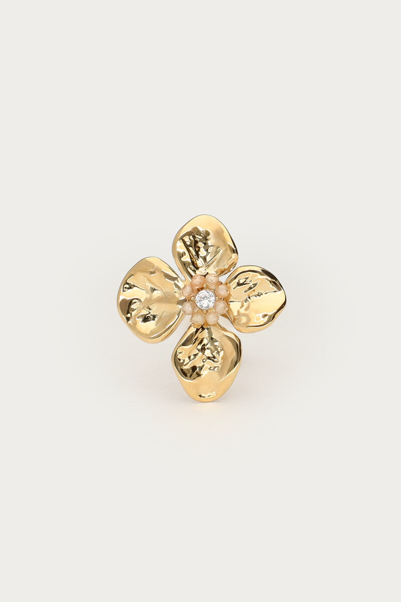 Botanical ring met bloem en beige kralen