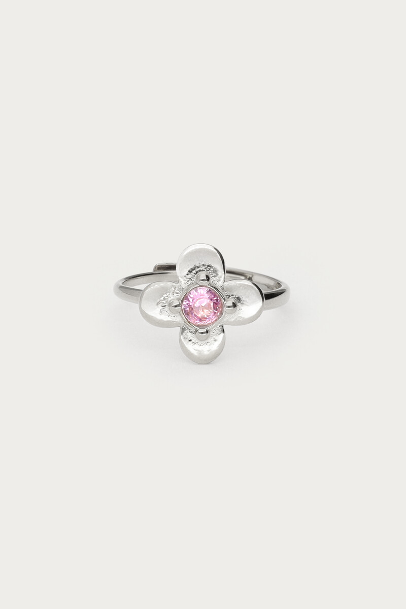 Botanical ring met bloem en roze strass steen