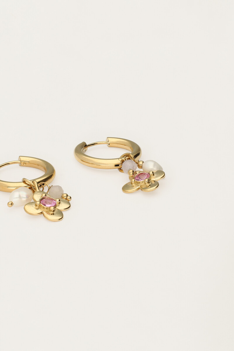 Botanical statement hoop earrings with flower and pink rhinestone | My Jewellery