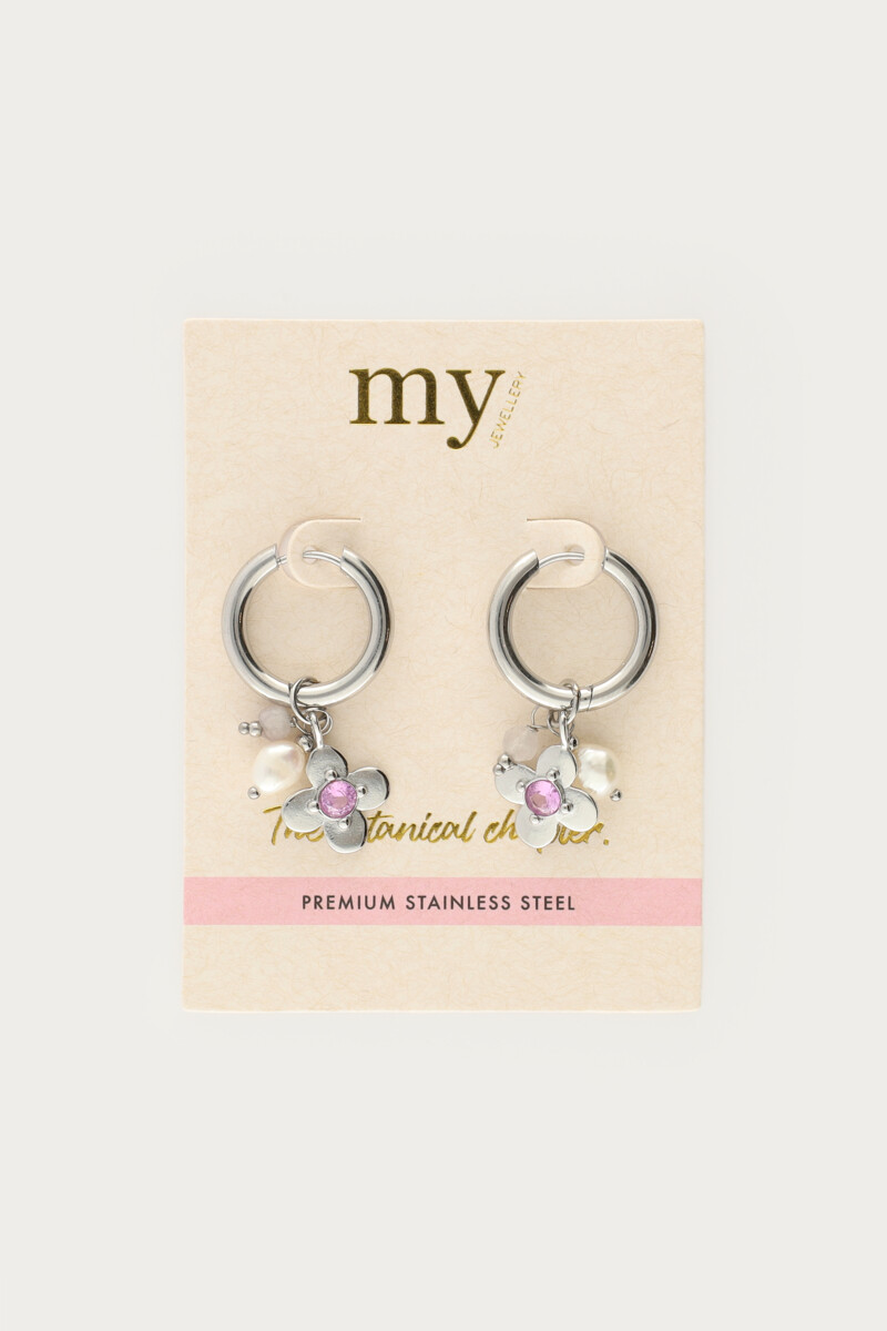 Botanical statement hoop earrings with flower and pink rhinestone | My Jewellery