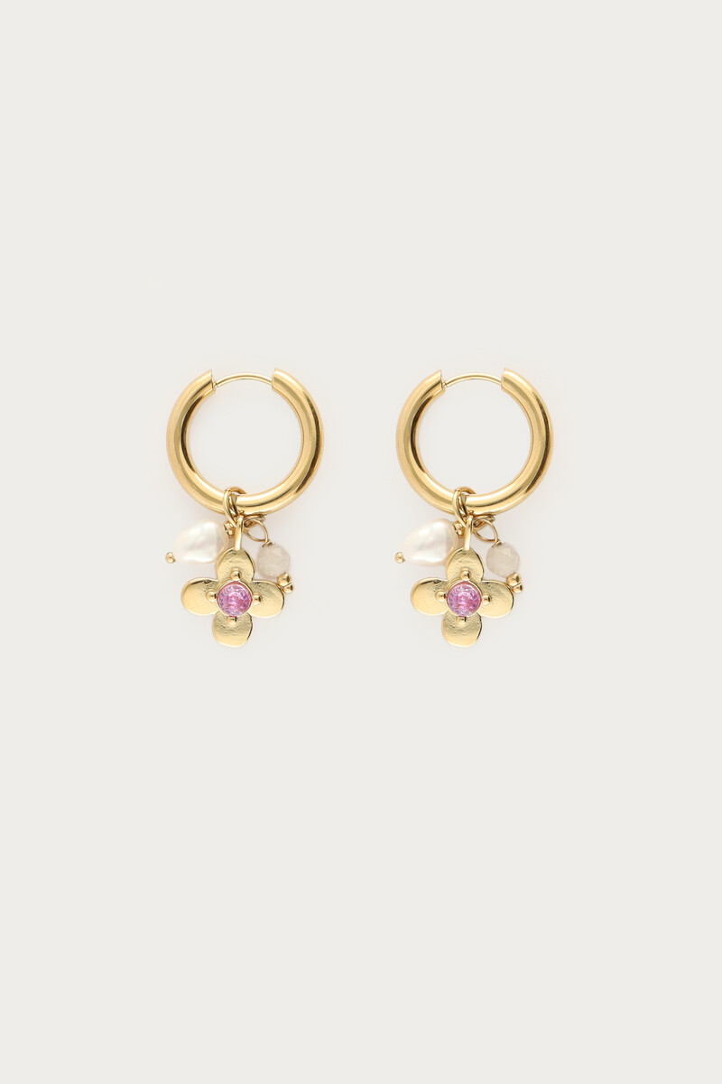 Botanical statement hoop earrings with flower and pink rhinestone | My Jewellery