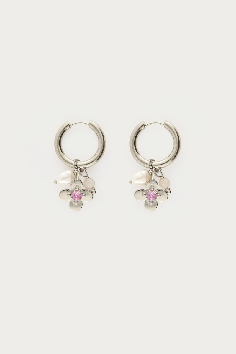 Botanical statement hoop earrings with flower and pink rhinestone