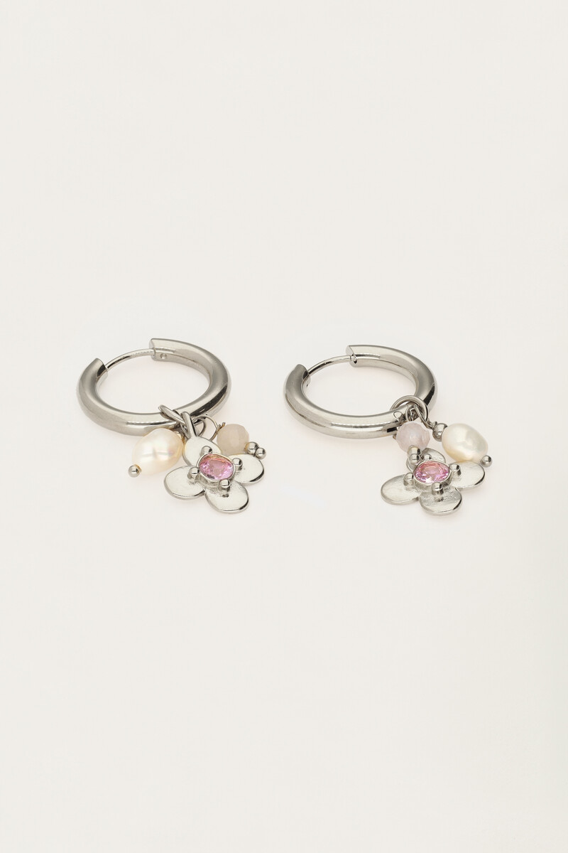Botanical statement hoop earrings with flower and pink rhinestone | My Jewellery