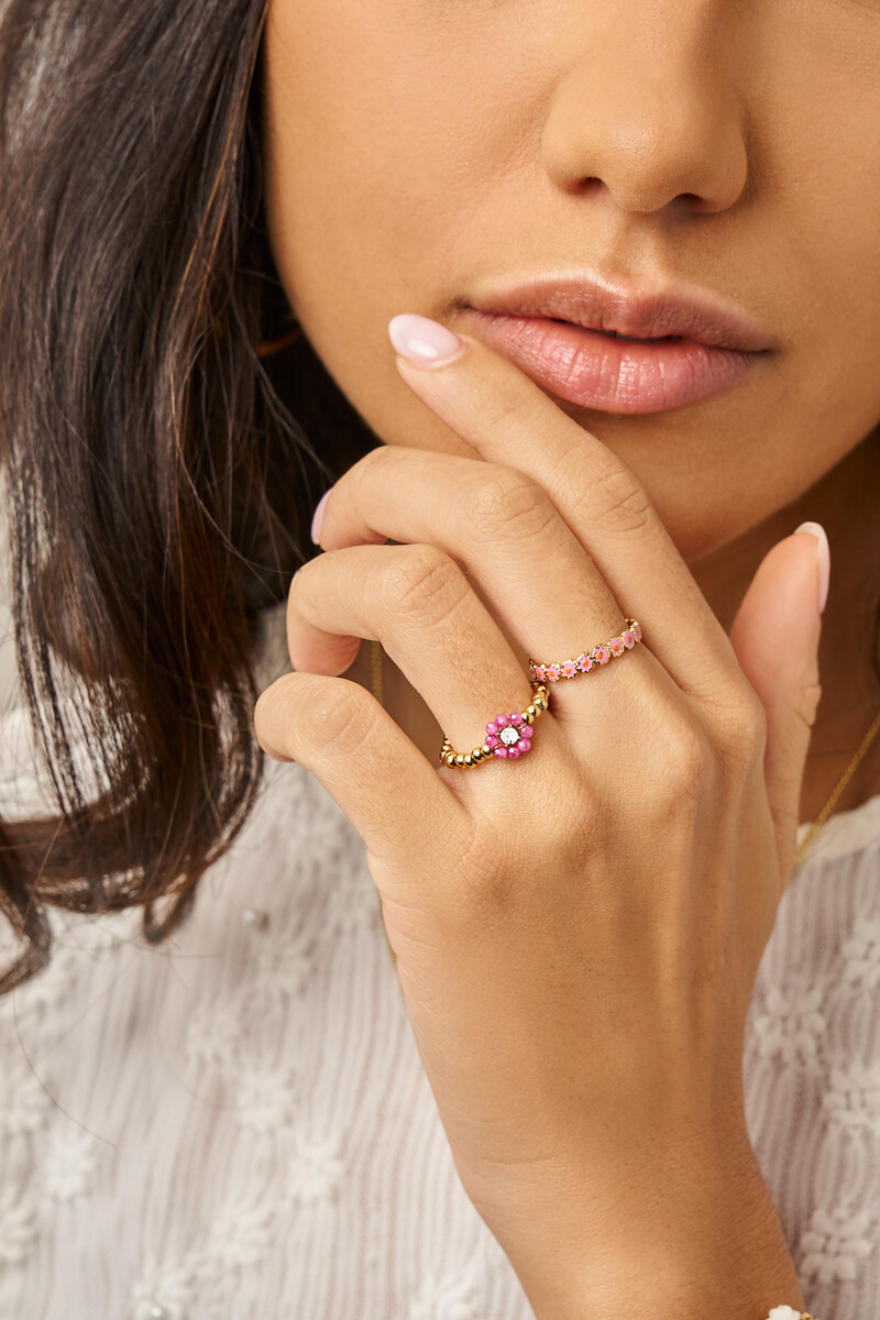 Botanical stretch ring with pink beaded flower | My Jewellery