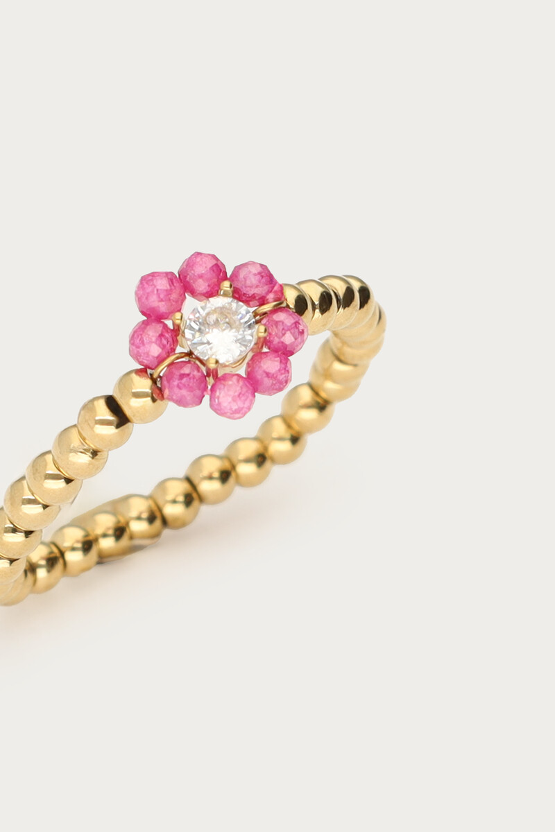 Botanical stretch ring with pink beaded flower | My Jewellery