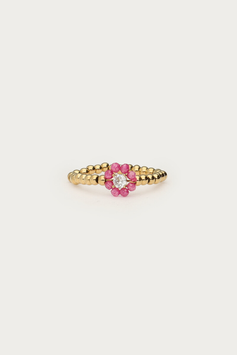 Botanical stretch ring with pink beaded flower | My Jewellery