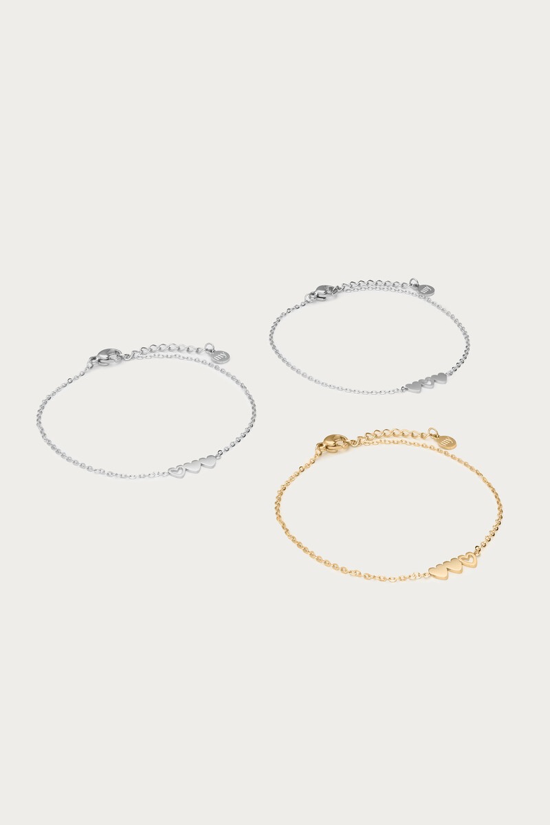 Bracelets set hearts two silver coloured and one gold coloured | My Jewellery