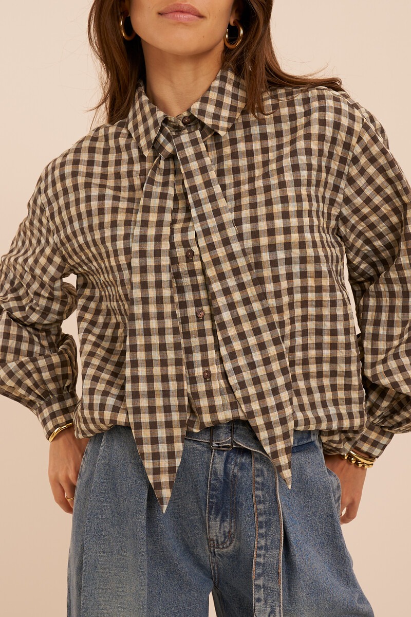 Brown-yellow checked blouse with bow | My Jewellery