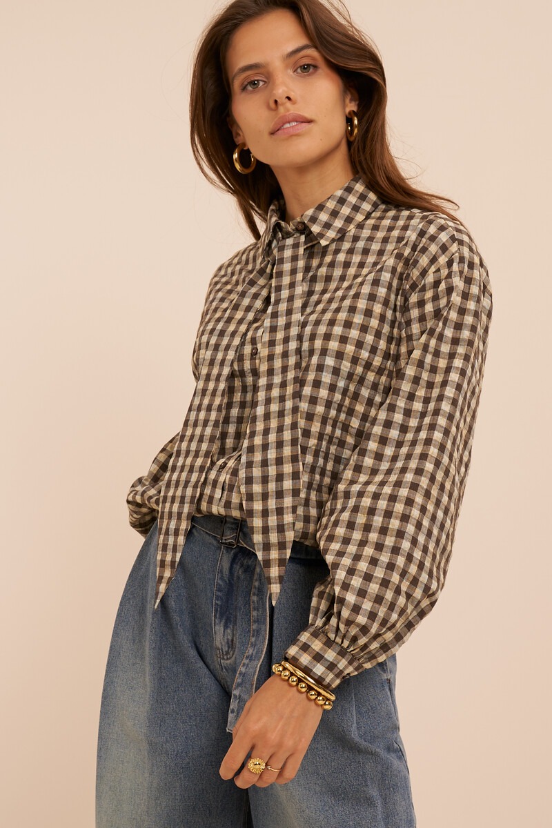 Brown-yellow checked blouse with bow | My Jewellery