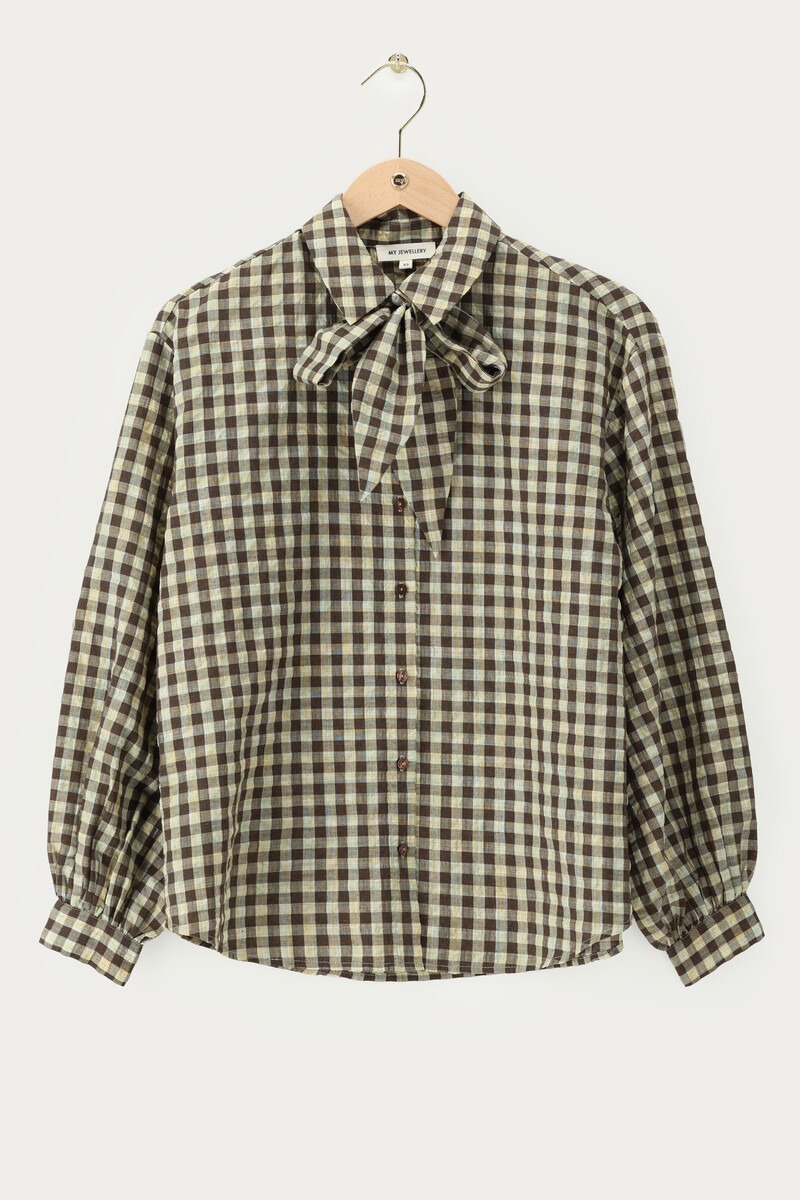 Brown-yellow checked blouse with bow | My Jewellery