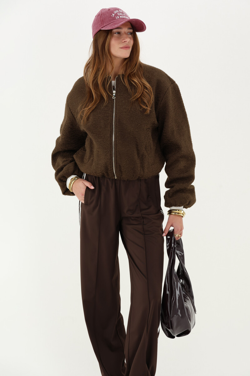Brown bouclé bomber teddy jacket | My Jewellery