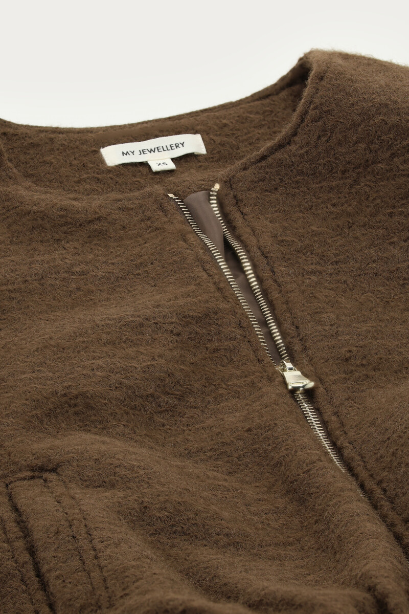 Brown bouclé bomber teddy jacket | My Jewellery