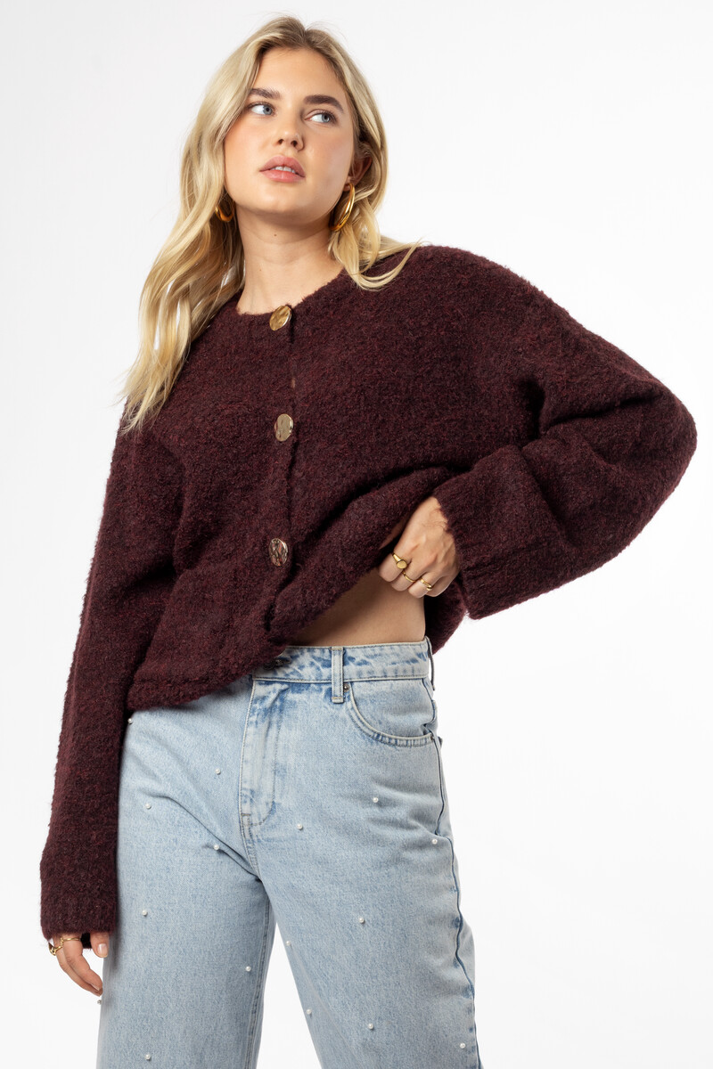 Brown bouclé cardigan with buttons and pockets | My Jewellery