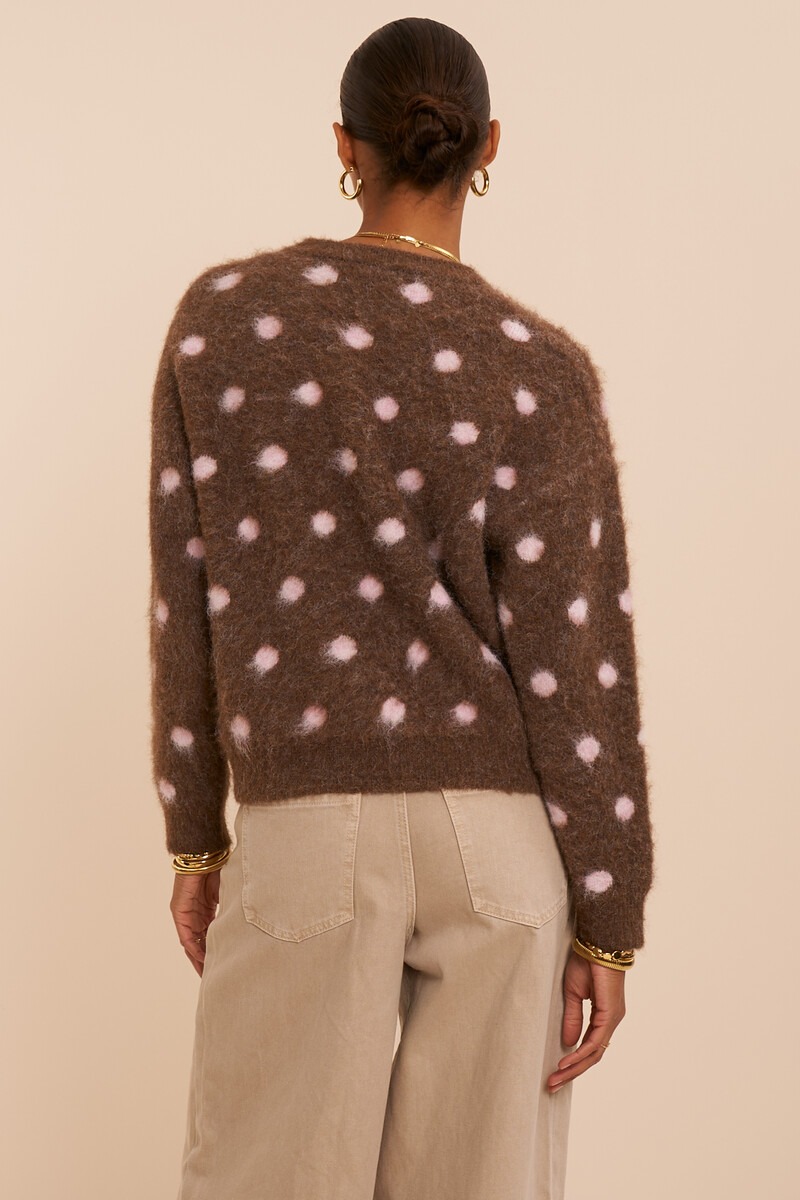 Brown brushed sweater with pink polka dots | My Jewellery