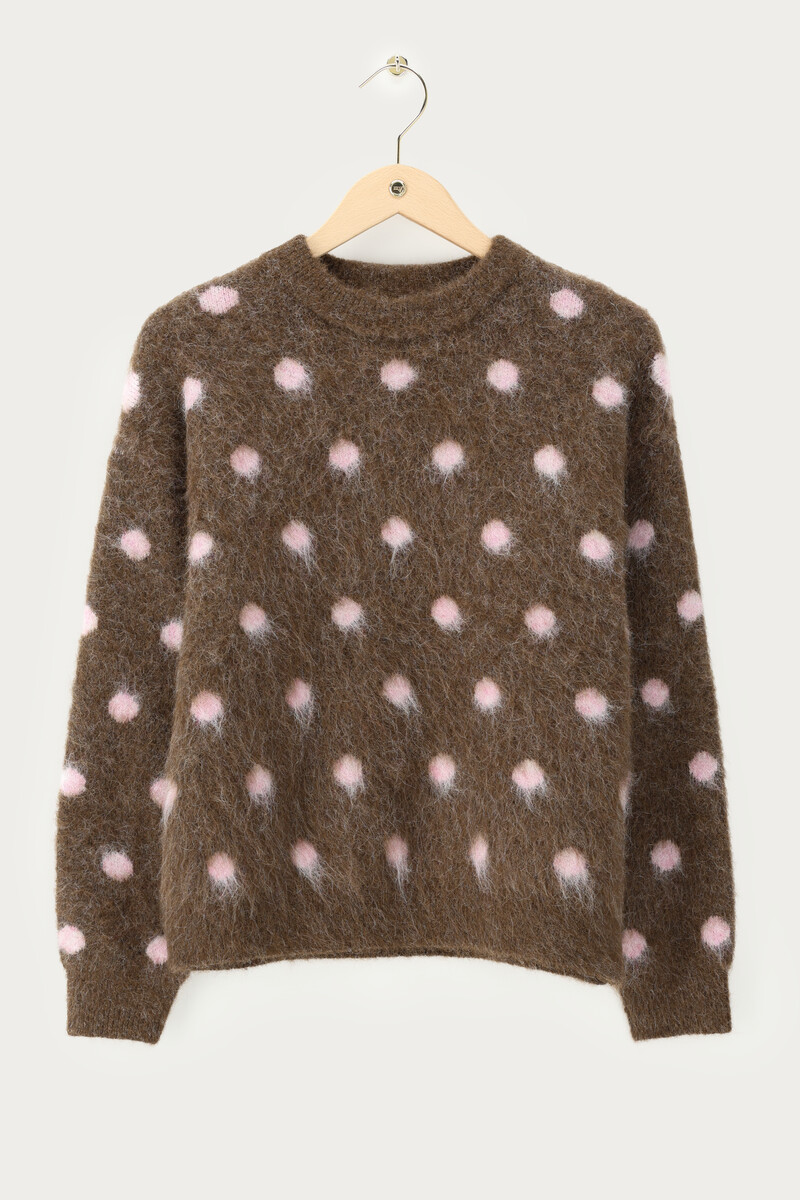 Brown brushed sweater with pink polka dots | My Jewellery