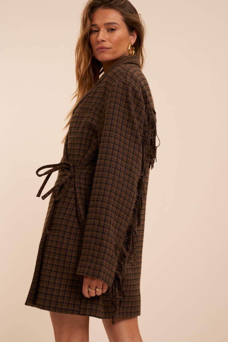 Brown checked blazer dress with fringes | My Jewellery