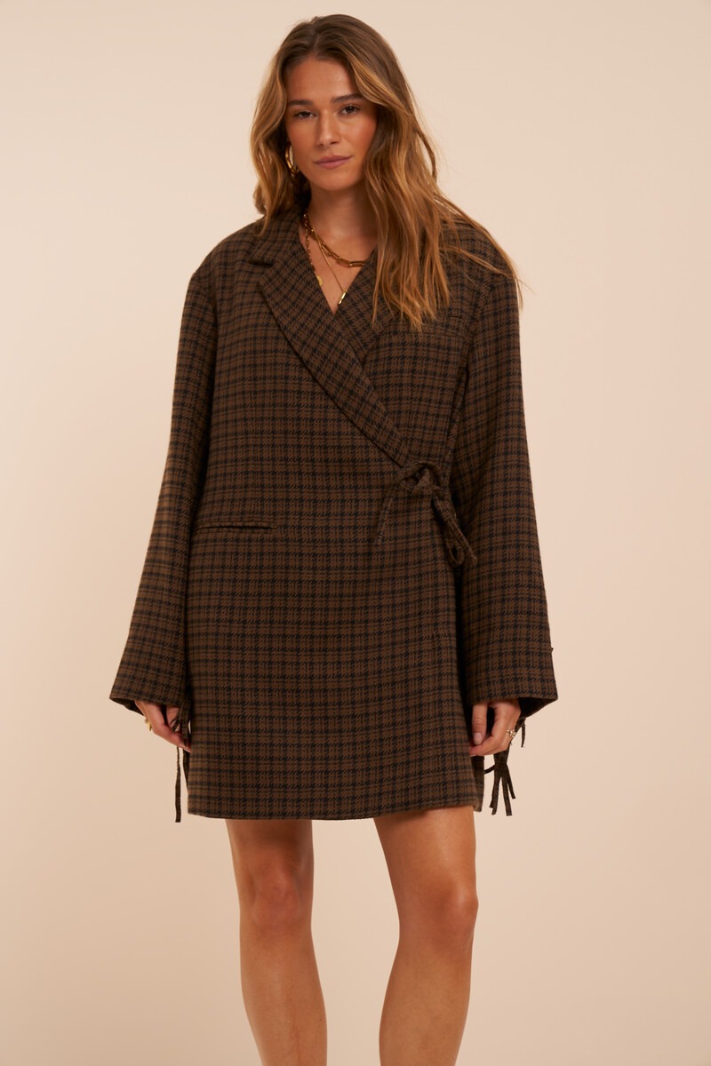 Brown checked blazer dress with fringes | My Jewellery