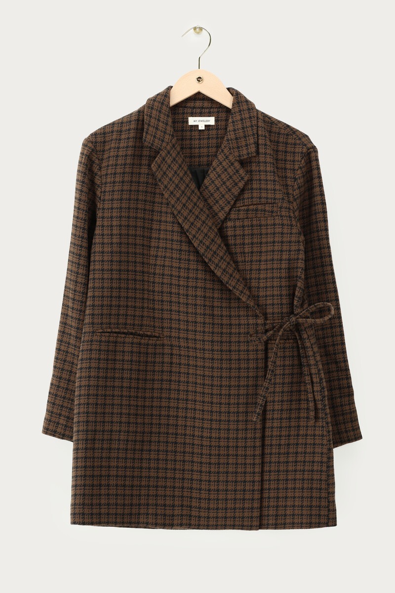 Brown checked blazer dress with fringes | My Jewellery