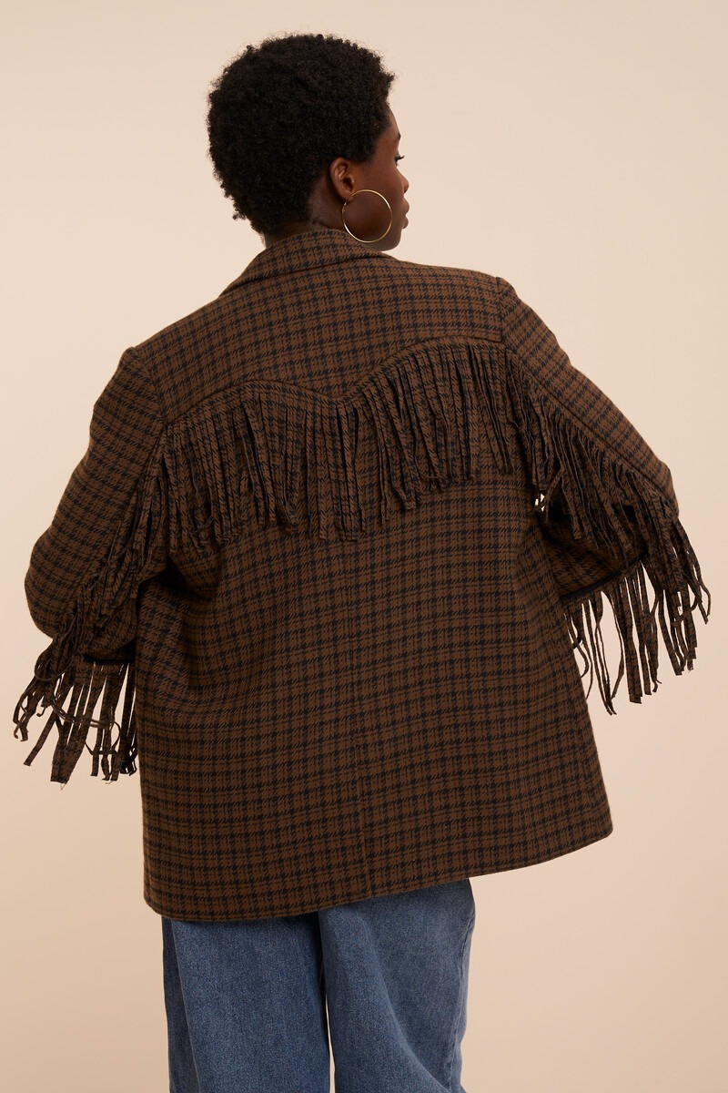 Brown checked blazer with fringes | My Jewellery