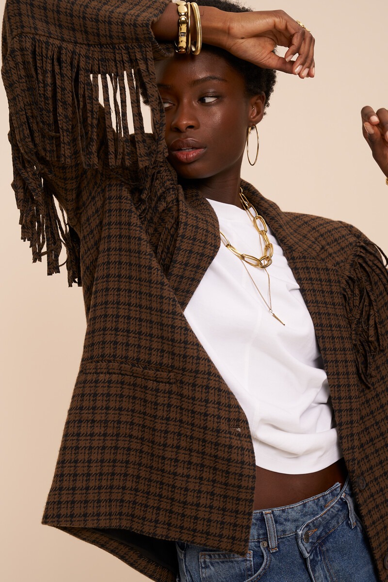 Brown checked blazer with fringes | My Jewellery