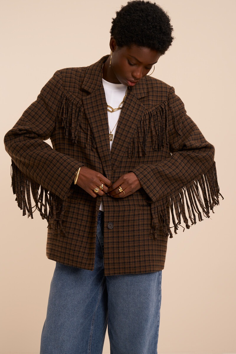 Brown checked blazer with fringes | My Jewellery