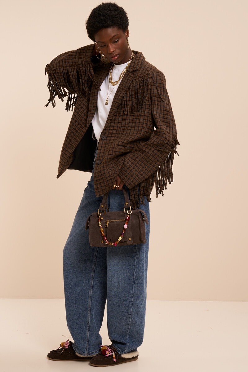 Brown checked blazer with fringes | My Jewellery