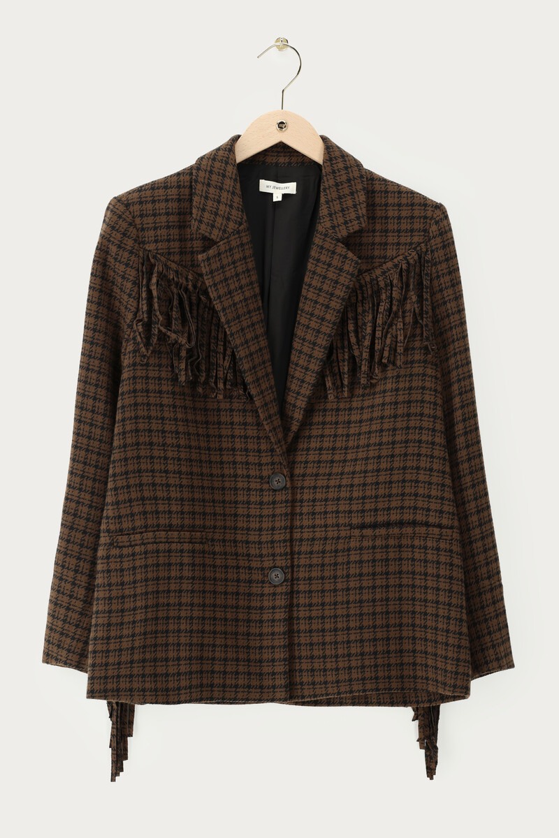 Brown checked blazer with fringes | My Jewellery