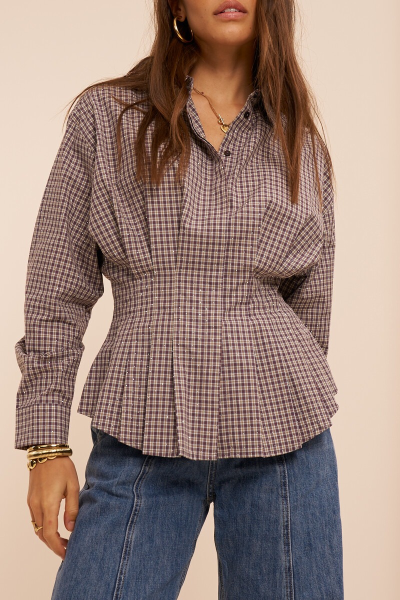 Brown checked blouse with rhinestones | My Jewellery