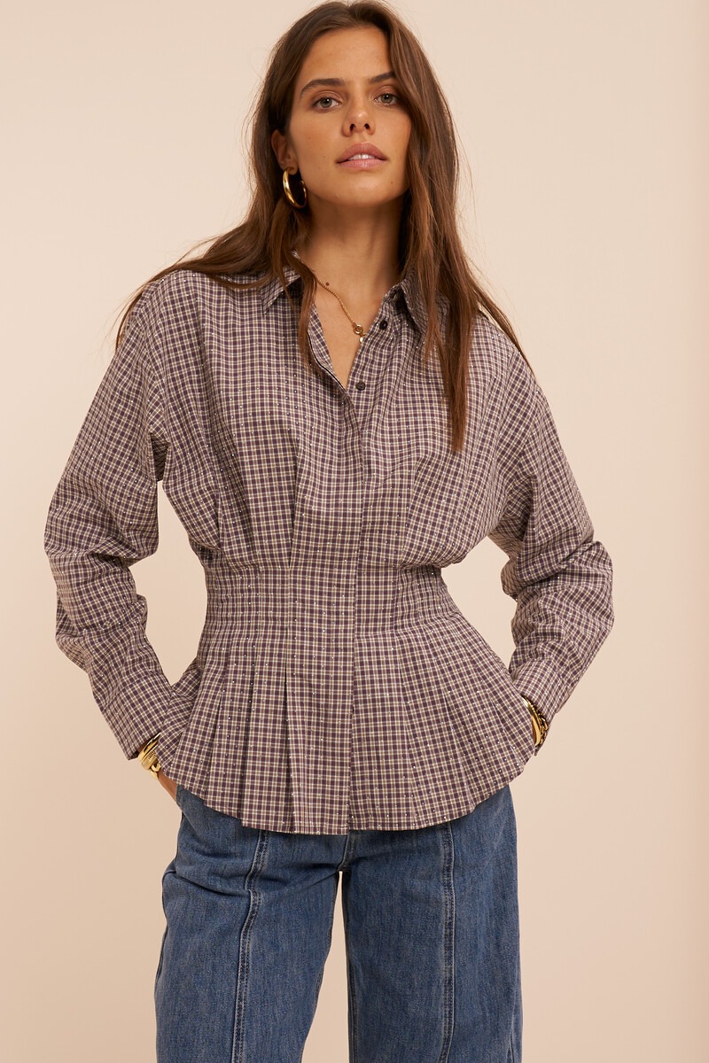Brown checked blouse with rhinestones | My Jewellery