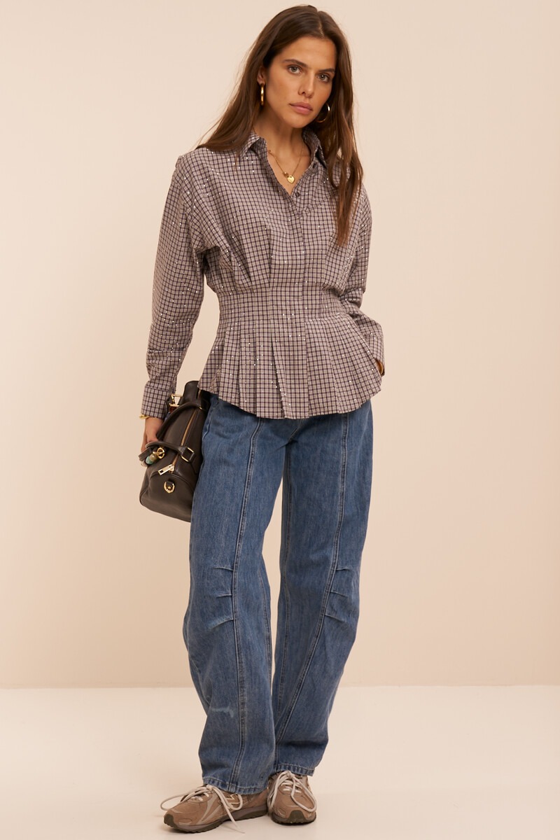 Brown checked blouse with rhinestones | My Jewellery