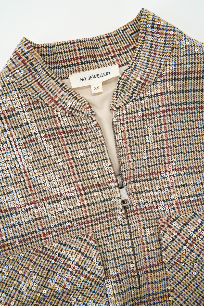 Brown checked jacket with sequins | My Jewellery