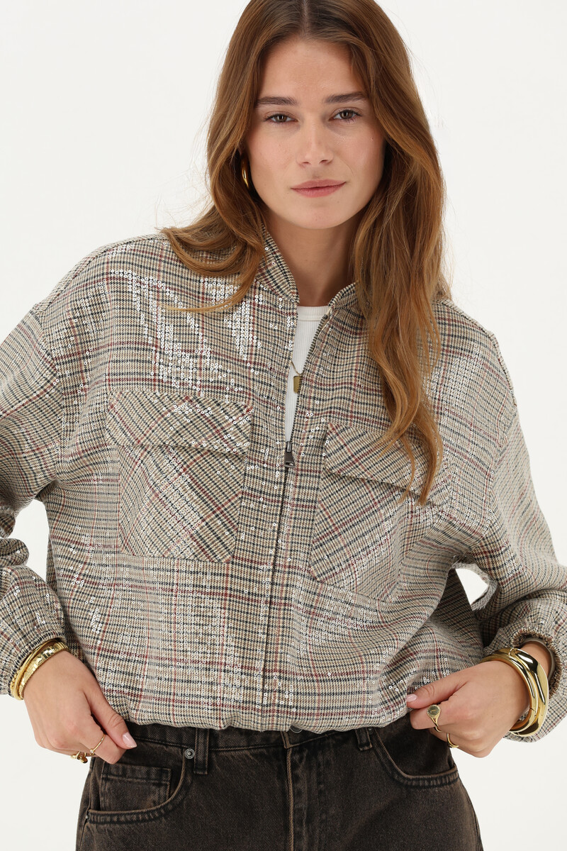 Brown checked jacket with sequins | My Jewellery