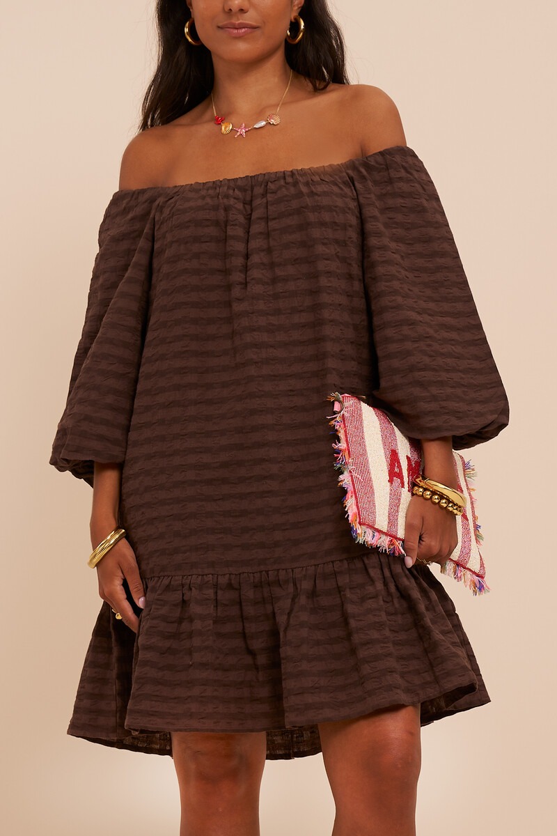 Brown checked off-shoulder dress | My Jewellery