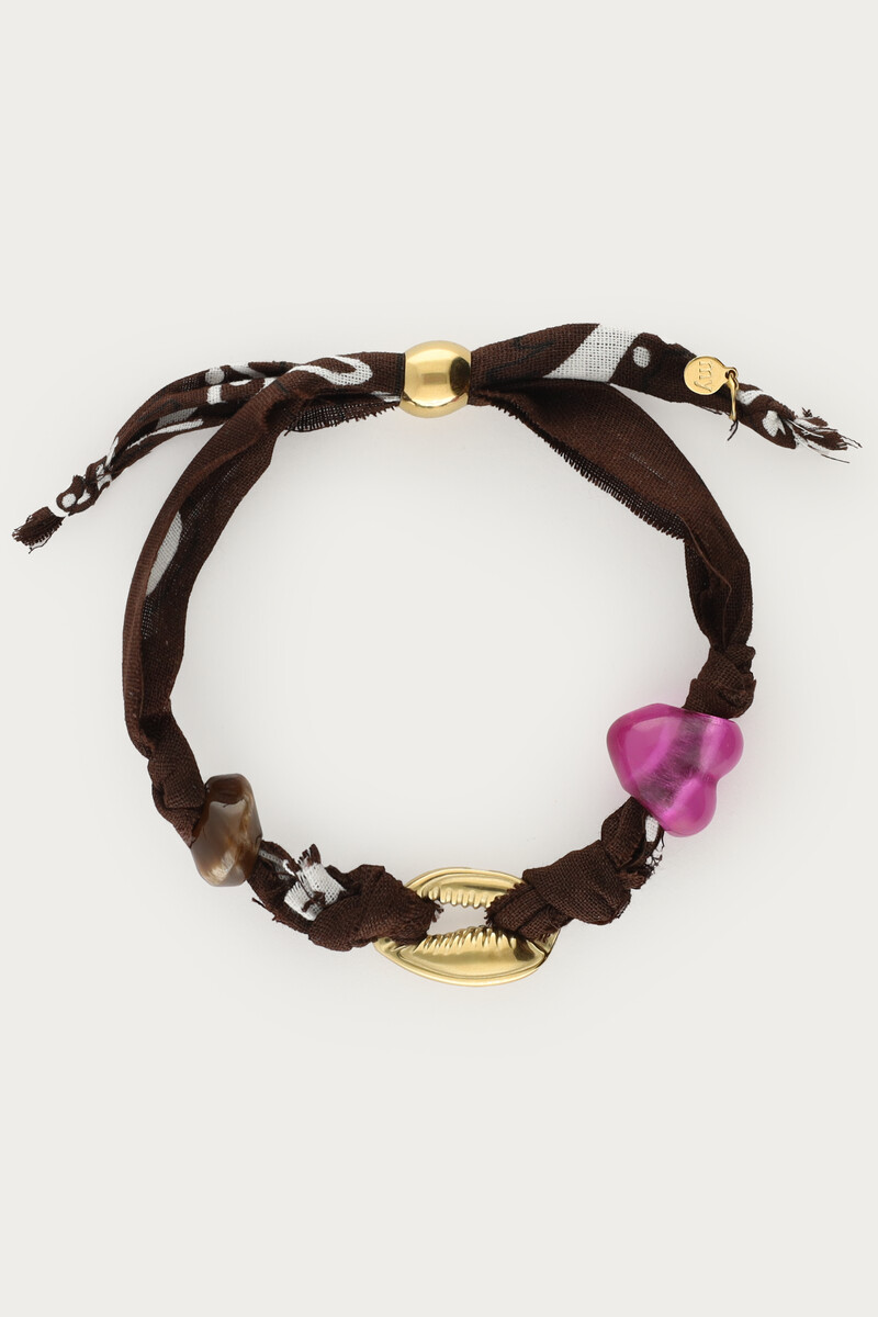 Bruin touw armband met schelp en paisley print