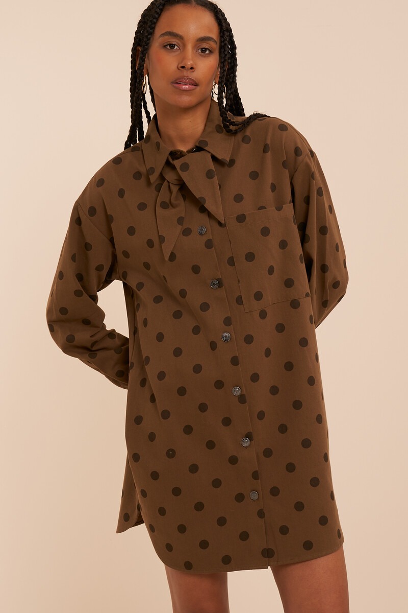 Brown denim dress with scarf and polka dot | My Jewellery